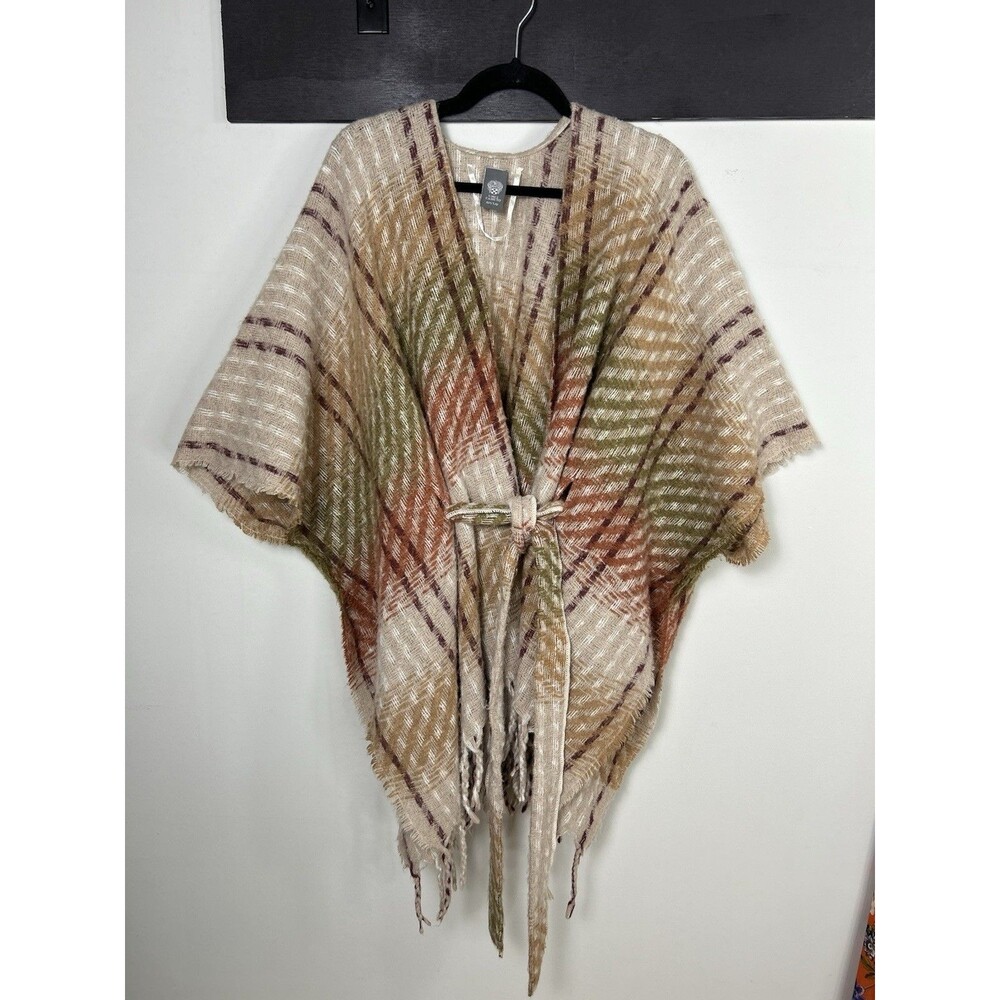 VINCE CAMUTO Womens One Size Black Tan Shawl Kimono Sleeve Tie Waist Chunky Wrap